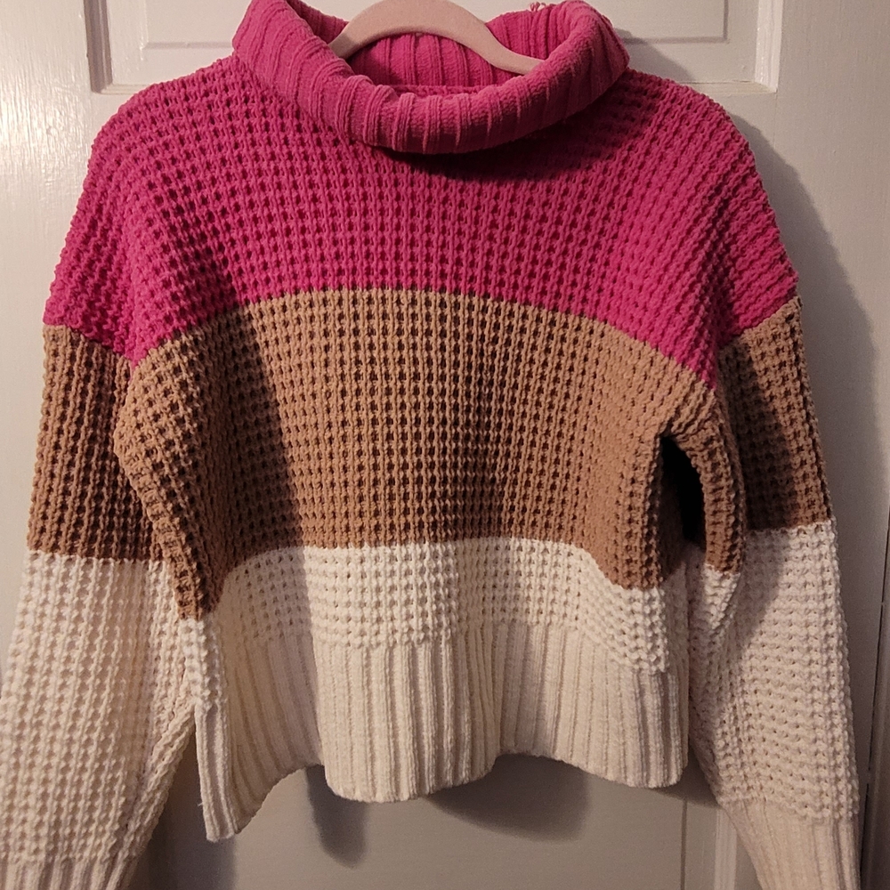 Hippie Rose Pink, Tan, and White Turtleneck Sweater